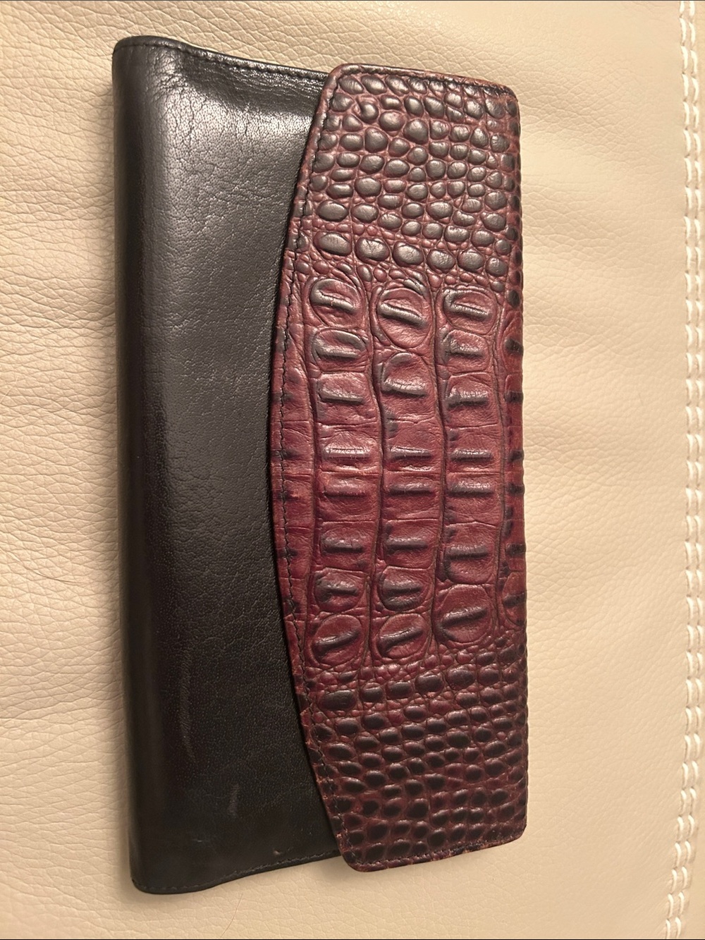 Women’s Black Leather Brahmin Tri-Fold Wallet with Burgundy Croc-Texture Accent